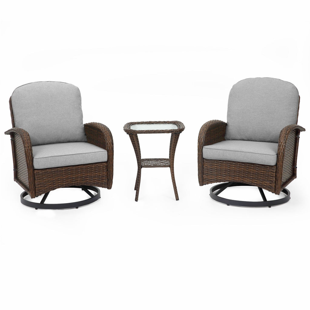 Ensemble de meubles de patio 3 pièces, ensemble bistrot pivotant d'extérieur avec chaises à bascule en osier et table basse en verre