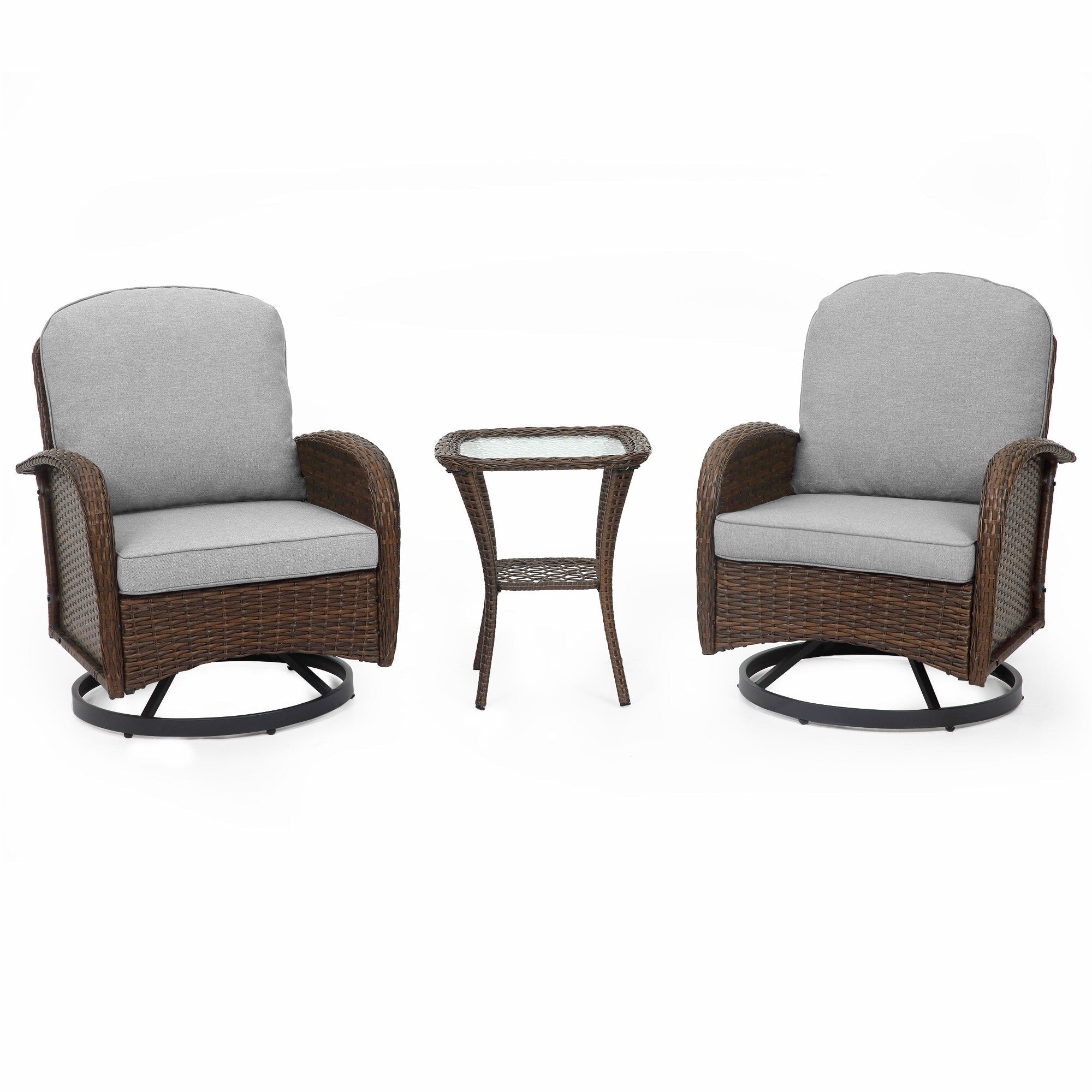 Ensemble de meubles de patio 3 pièces, ensemble bistrot pivotant d'extérieur avec chaises à bascule en osier et table basse en verre