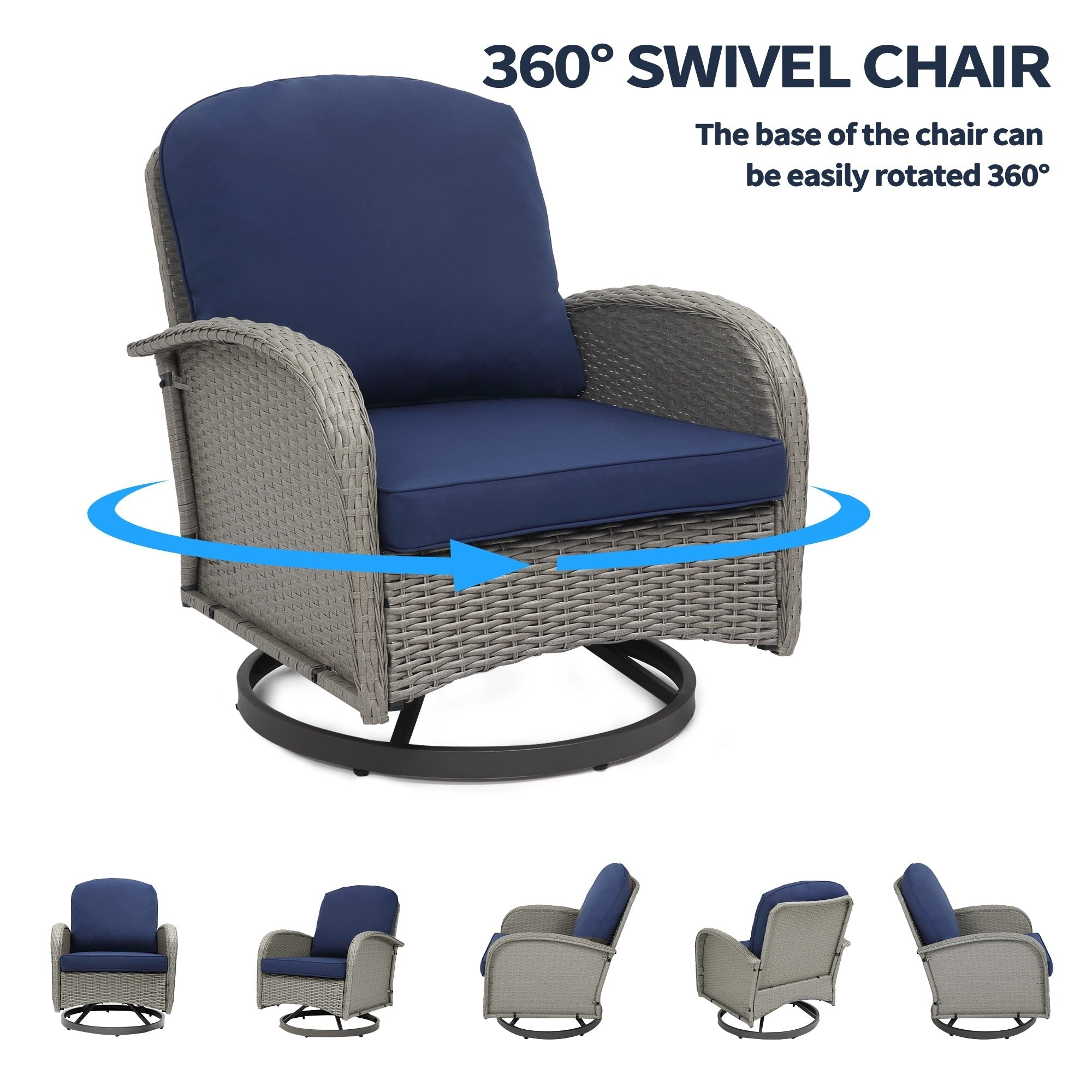 Ensemble de meubles de patio 3 pièces, ensemble bistrot pivotant d'extérieur avec chaises à bascule en osier et table basse en verre