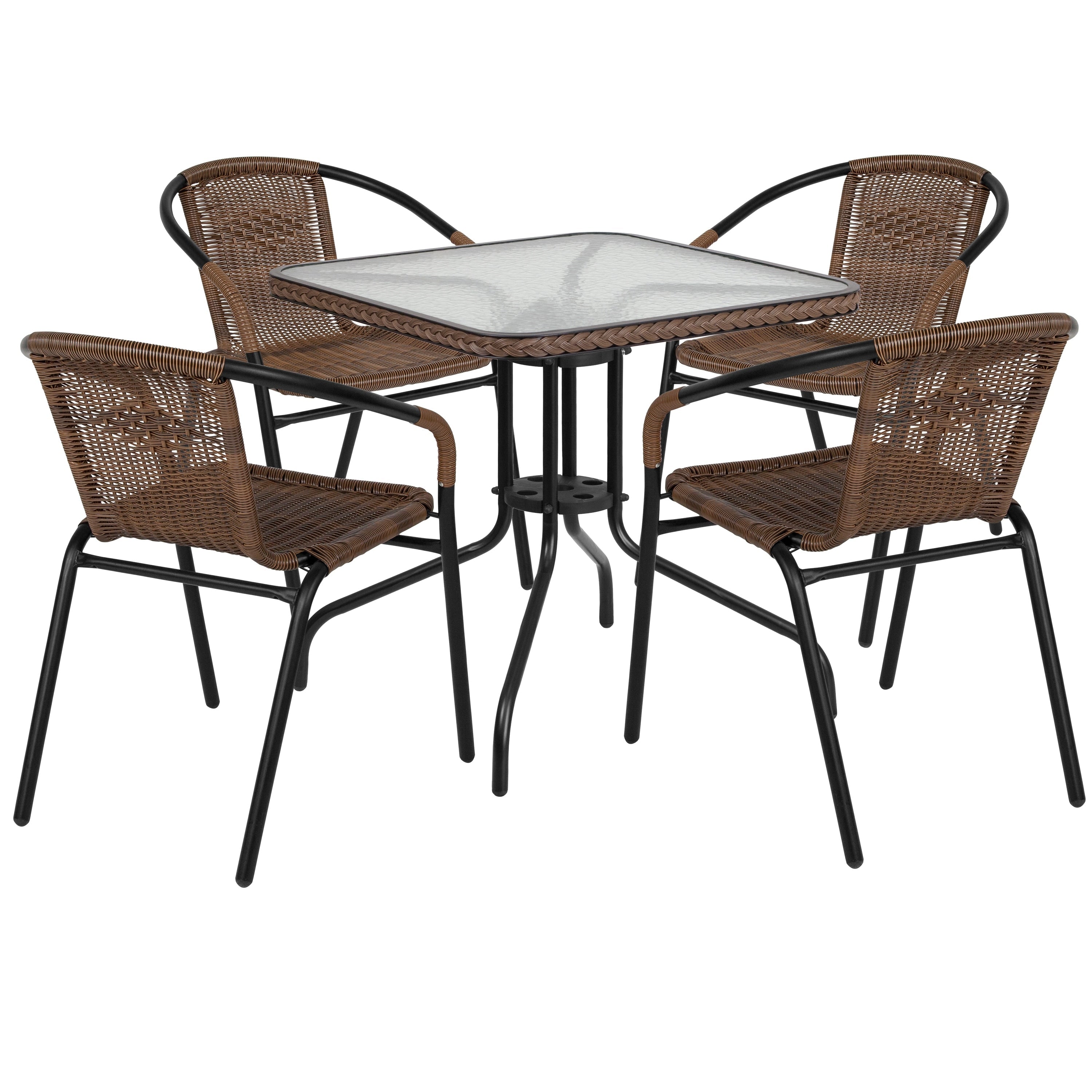 Ensemble de 5 tables carrées pour patio intérieur/extérieur et chaises en rotin – 28 L x 28 P x 28 H