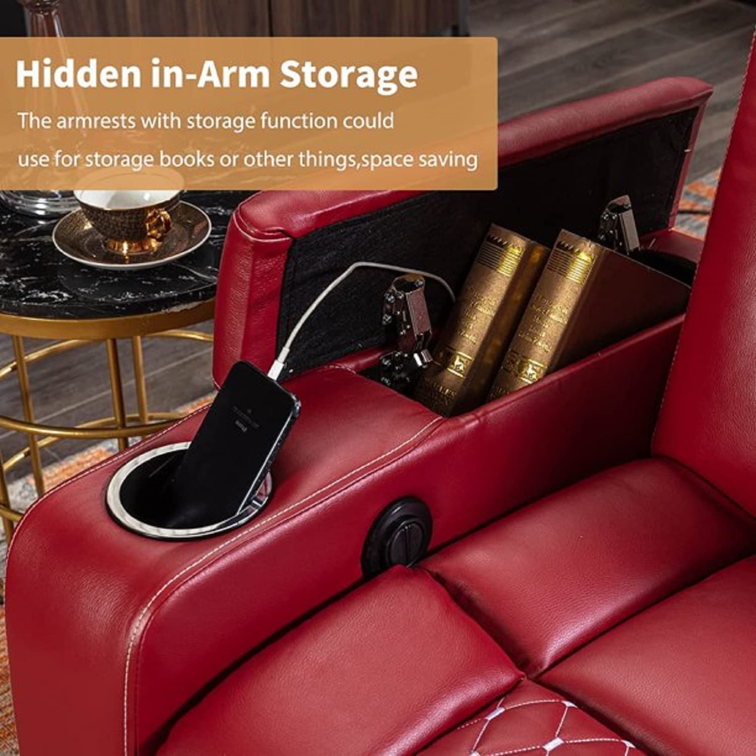 Canapé inclinable simple rembourré pour home cinéma électrique avec rangement dissimulé pour les accoudoirs