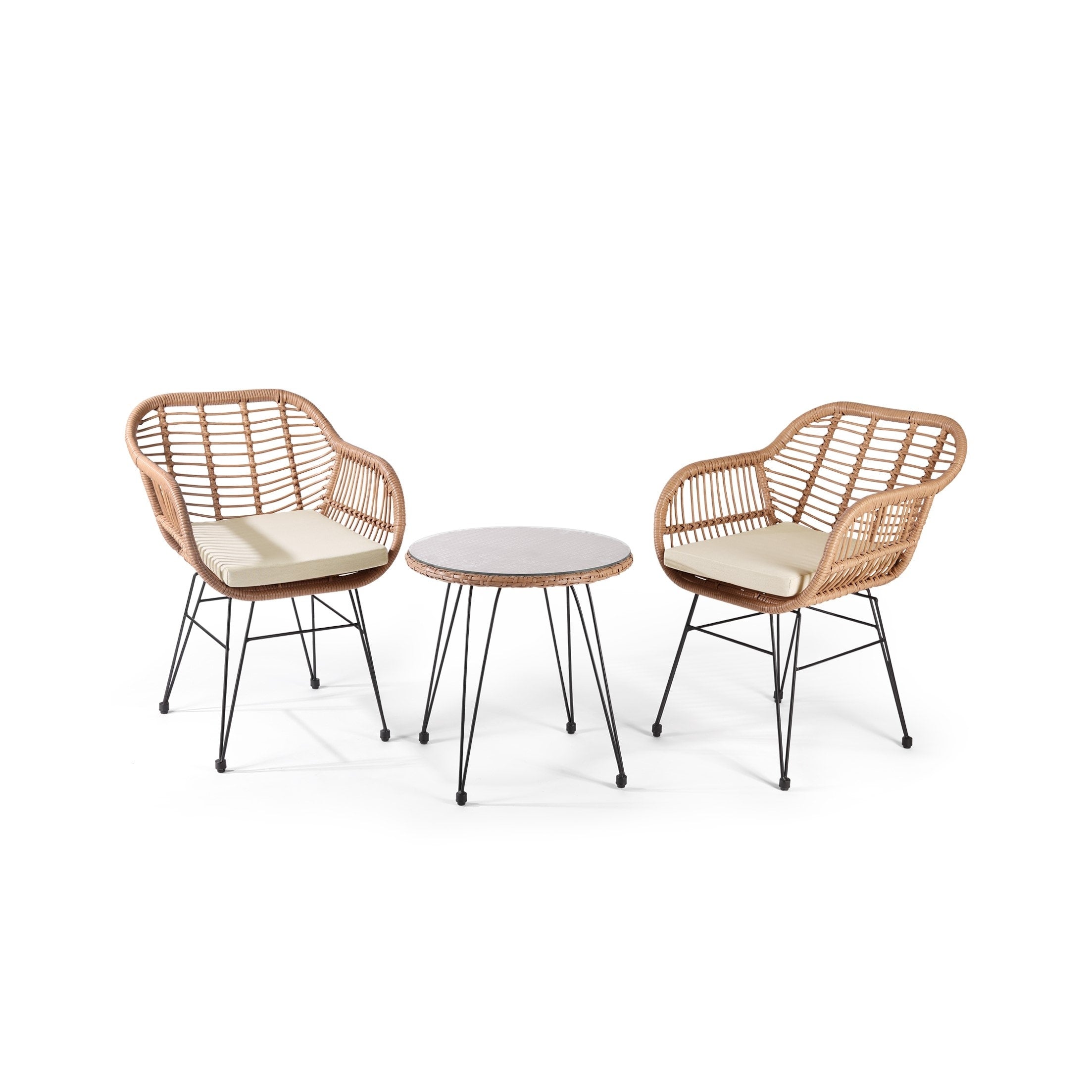 Ensemble bistrot d'extérieur Crescent 3 pièces en osier avec coussins