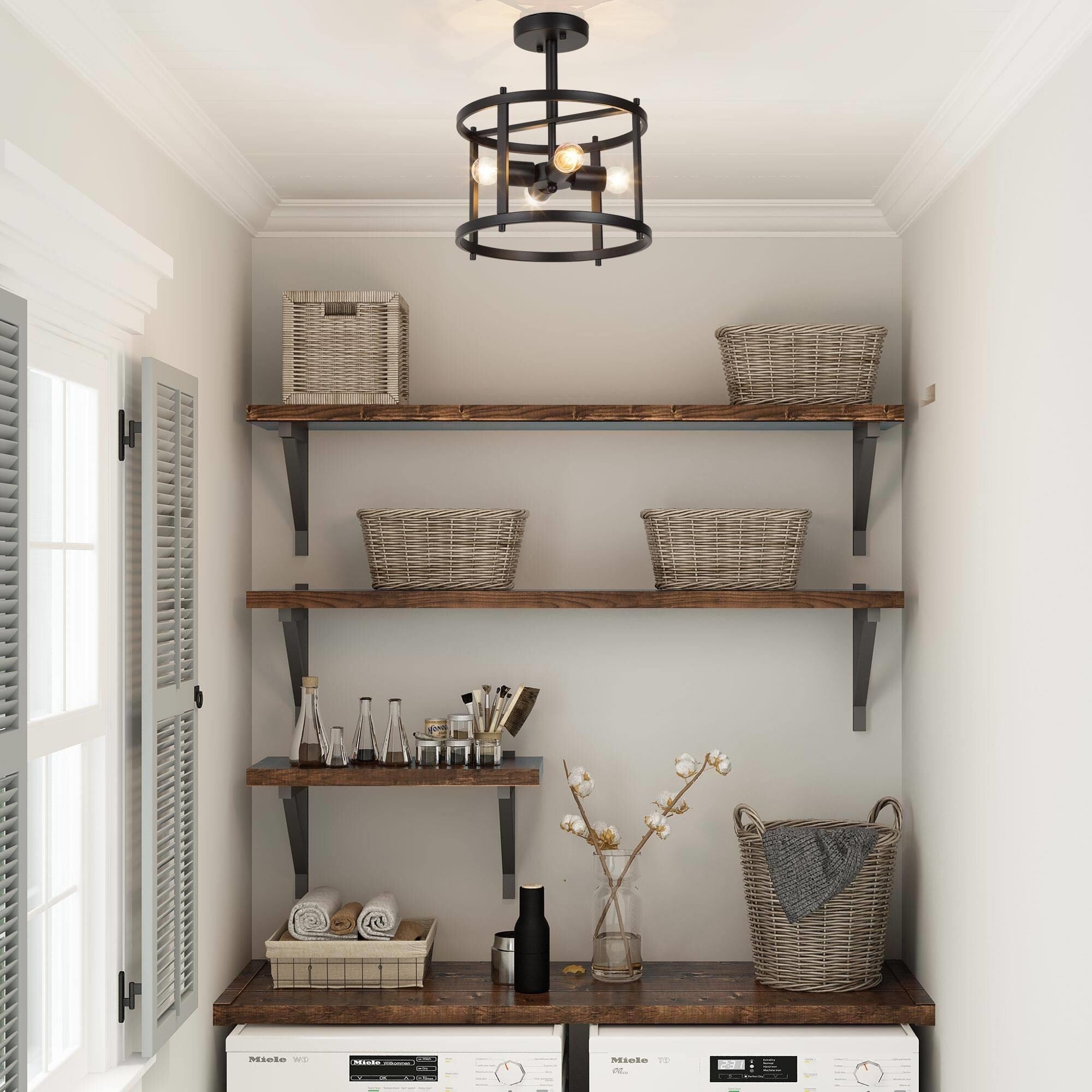 Plafonnier semi-encastré Farmhouse noir à 4 lumières, style tambour