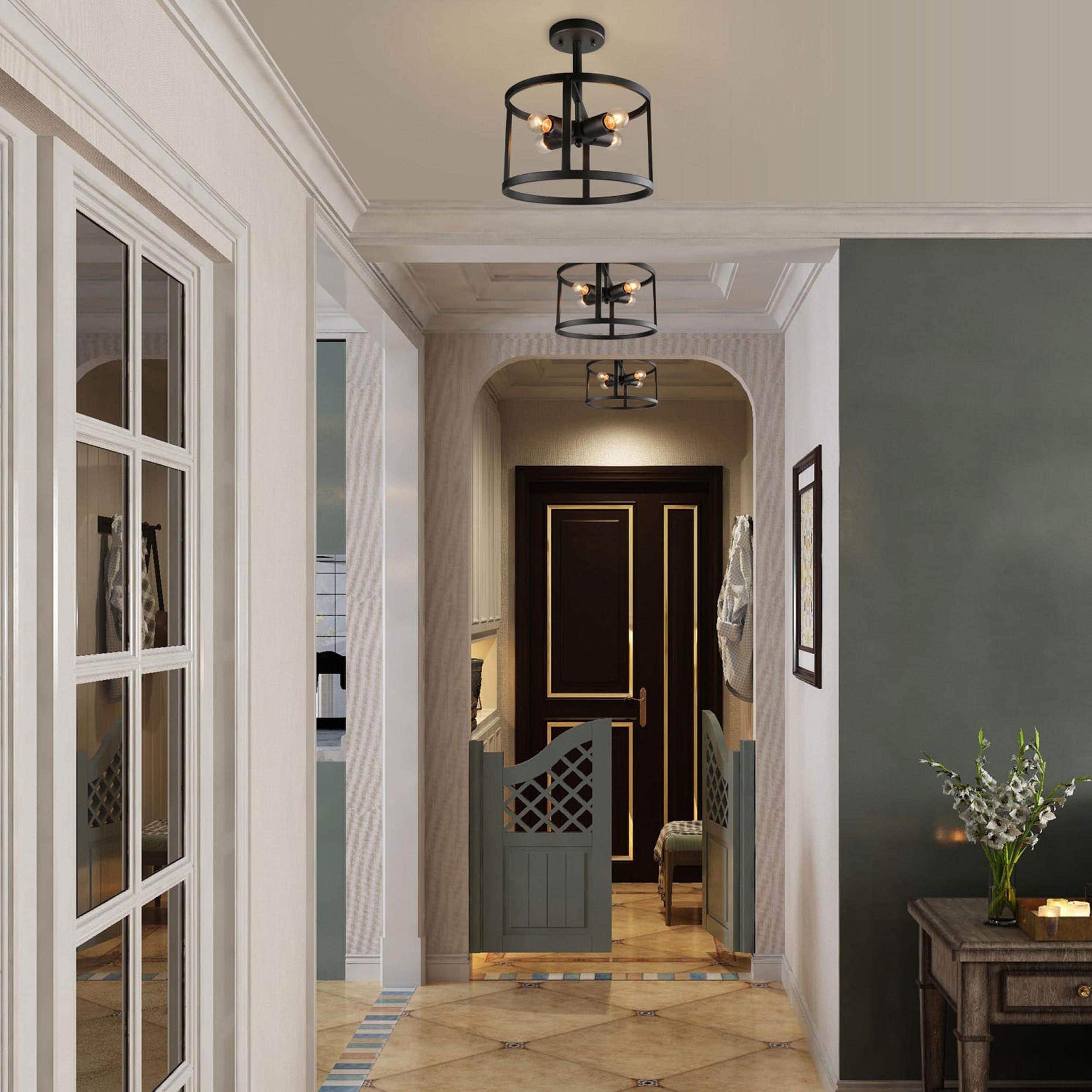 Plafonnier semi-encastré Farmhouse noir à 4 lumières, style tambour