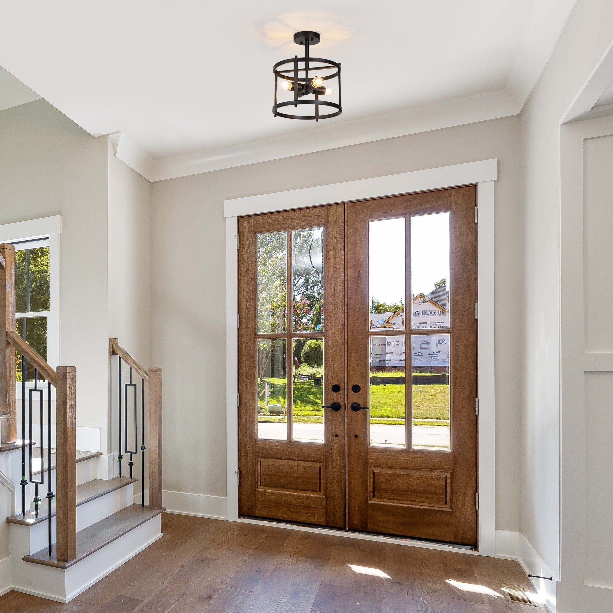 Plafonnier semi-encastré Farmhouse noir à 4 lumières, style tambour