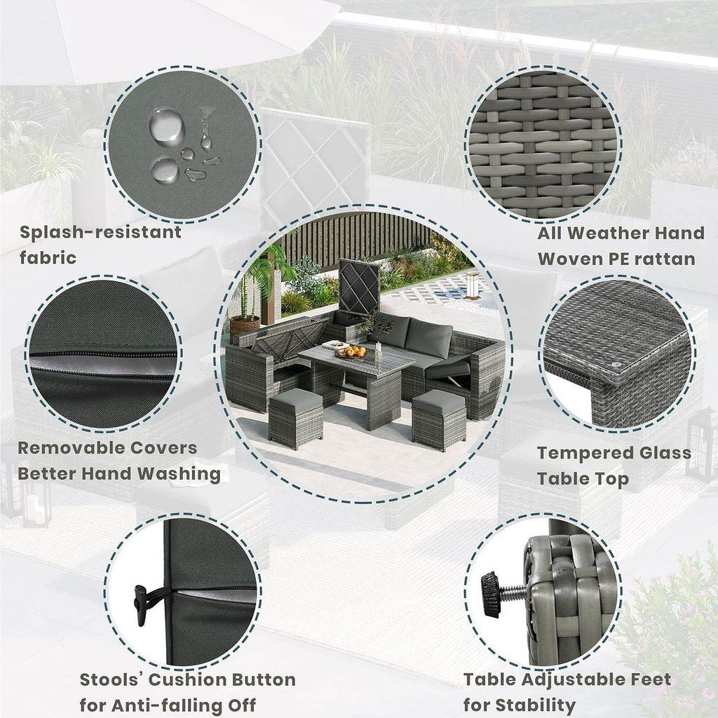 Ensemble de canapés de patio en rotin PE 6 pièces avec rangement et sièges réglables