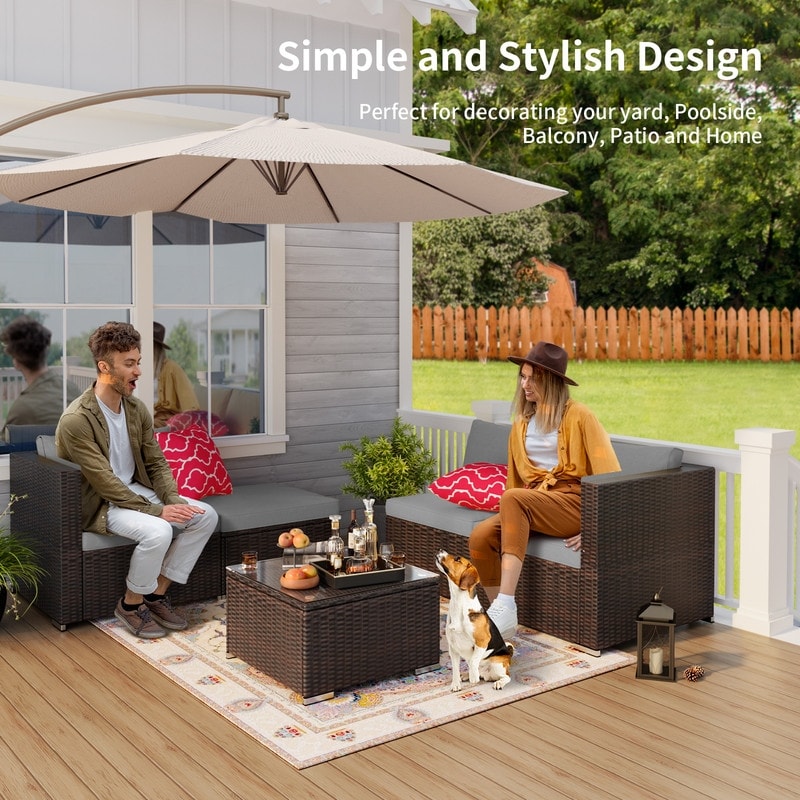 Ensemble de salon d'extérieur 5 pièces, ensemble de conversation pour patio, ensemble de canapé sectionnel en rotin avec table basse