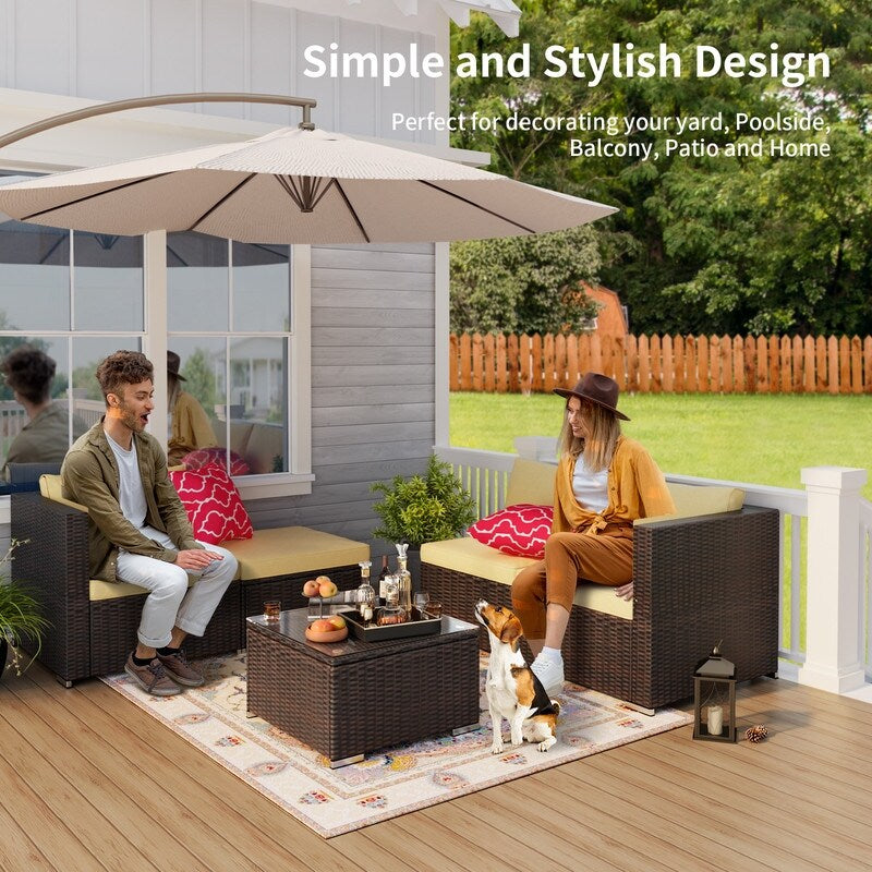 Ensemble de salon d'extérieur 5 pièces, ensemble de conversation pour patio, ensemble de canapé sectionnel en rotin avec table basse