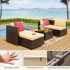 Ensemble de salon d'extérieur 5 pièces, ensemble de conversation pour patio, ensemble de canapé sectionnel en rotin avec table basse