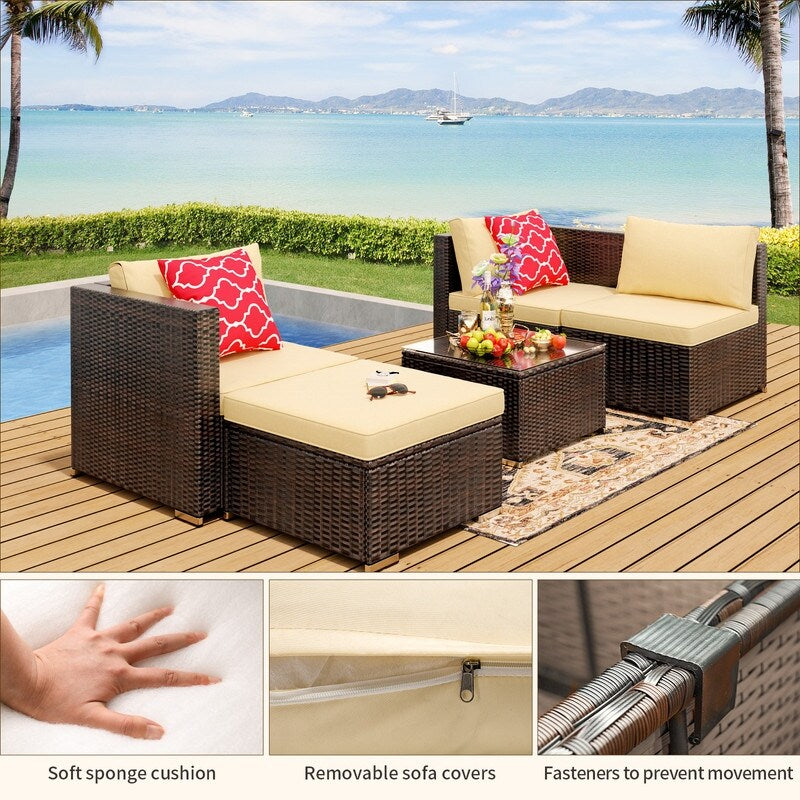 Ensemble de salon d'extérieur 5 pièces, ensemble de conversation pour patio, ensemble de canapé sectionnel en rotin avec table basse