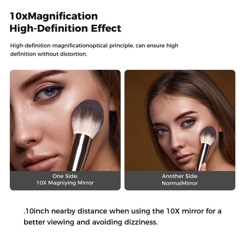 Miroir de maquillage mural rond de 8 pouces, rechargeable, grossissement 1x/10x, 3 lumières colorées