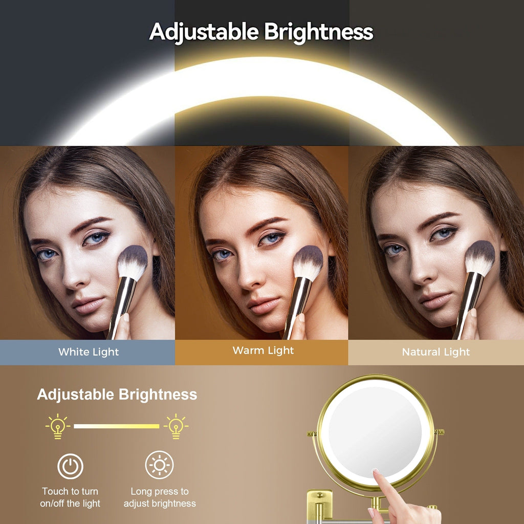Miroir de maquillage mural rond de 8 pouces, rechargeable, grossissement 1x/10x, 3 lumières colorées