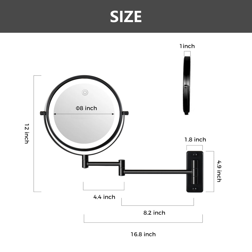 Miroir de maquillage mural rond de 8 pouces, rechargeable, grossissement 1x/10x, 3 lumières colorées
