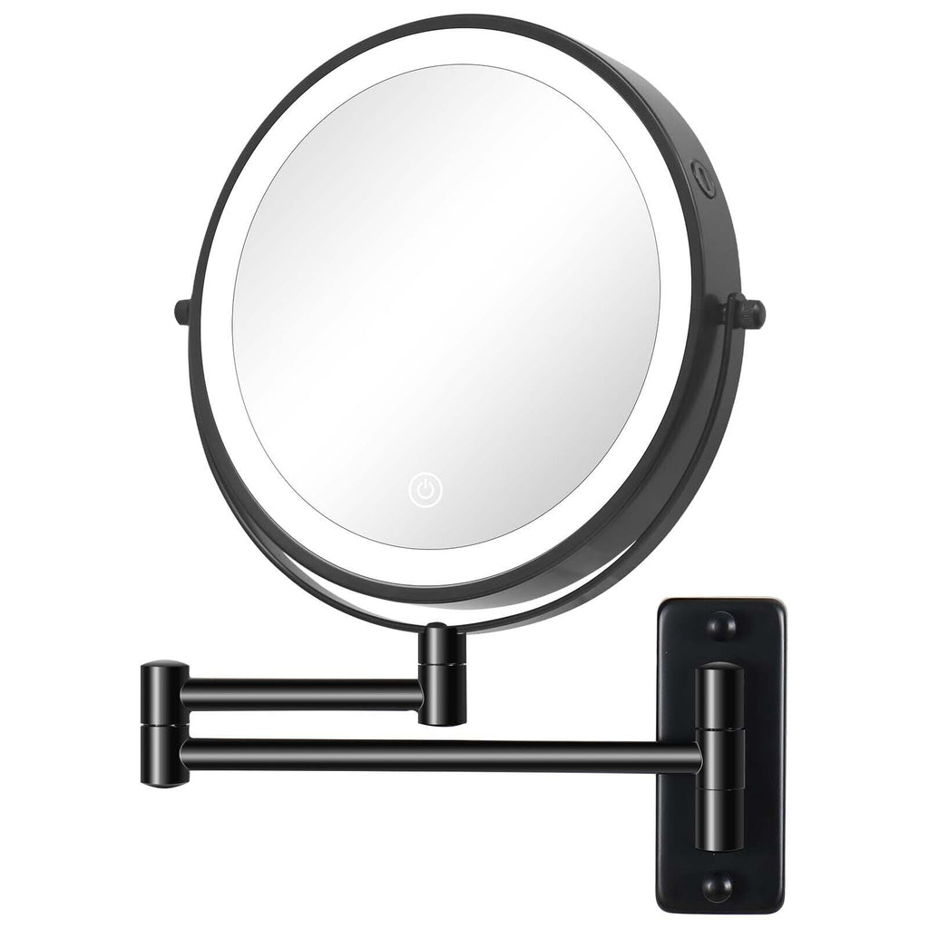 Miroir de maquillage mural rond de 8 pouces, rechargeable, grossissement 1x/10x, 3 lumières colorées