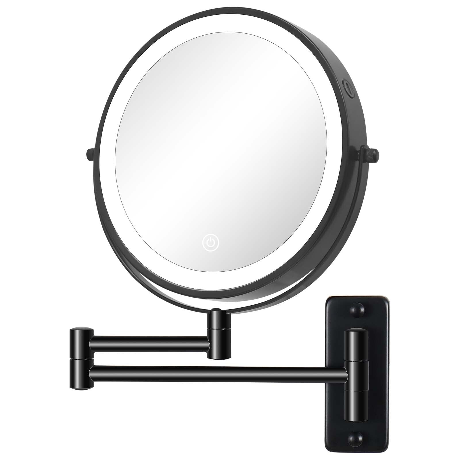 Miroir de maquillage mural rond de 8 pouces, rechargeable, grossissement 1x/10x, 3 lumières colorées