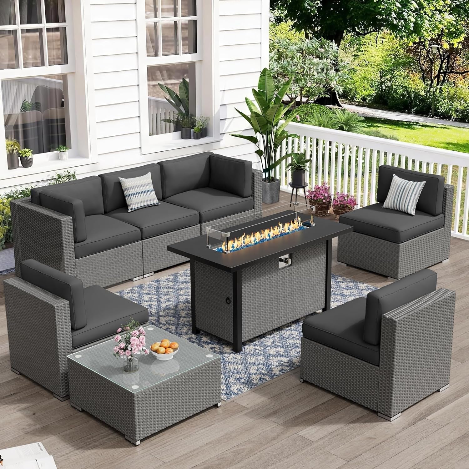 Ensemble de canapé sectionnel rembourré en rotin et osier gris pour patio extérieur, 7 pièces