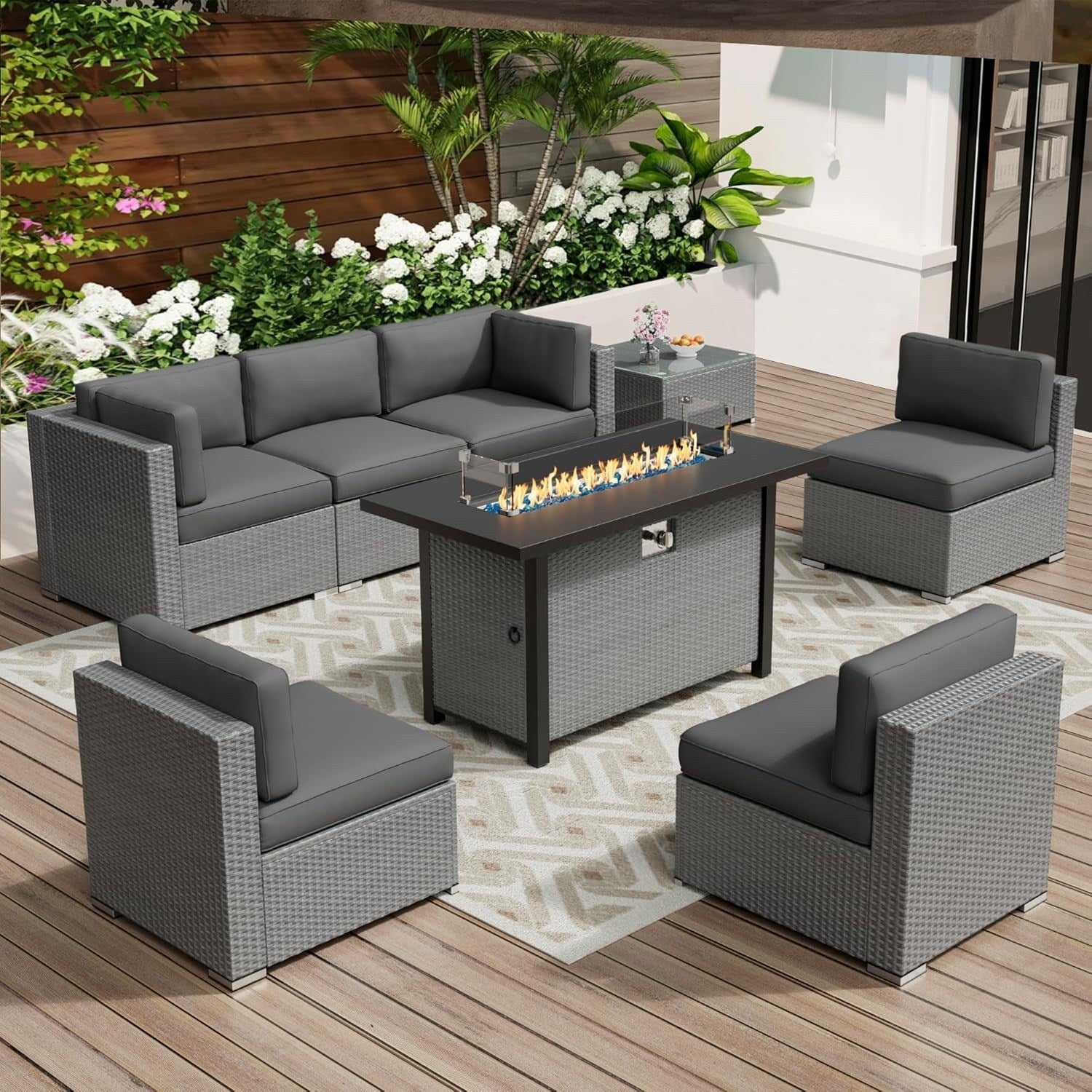 Ensemble de canapé sectionnel rembourré en rotin et osier gris pour patio extérieur, 7 pièces