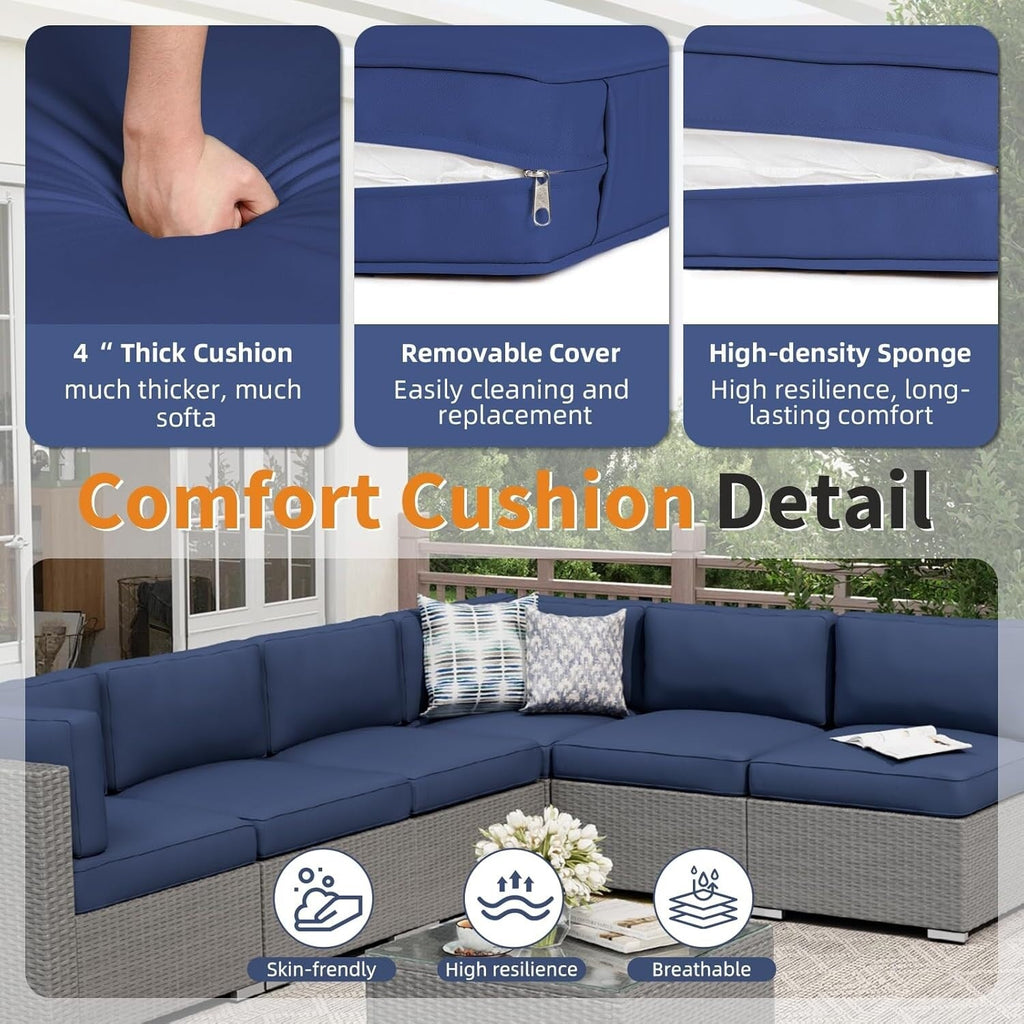 Ensemble de canapé sectionnel rembourré en rotin et osier gris pour patio extérieur, 7 pièces