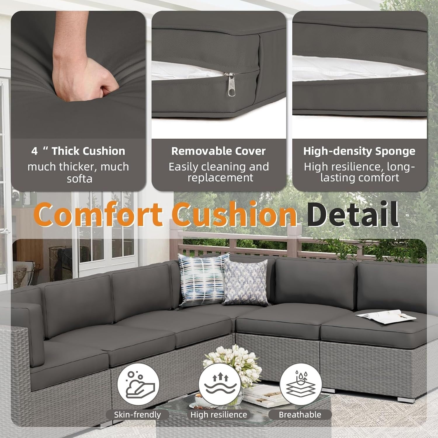 Ensemble de canapé sectionnel rembourré en rotin et osier gris pour patio extérieur, 7 pièces