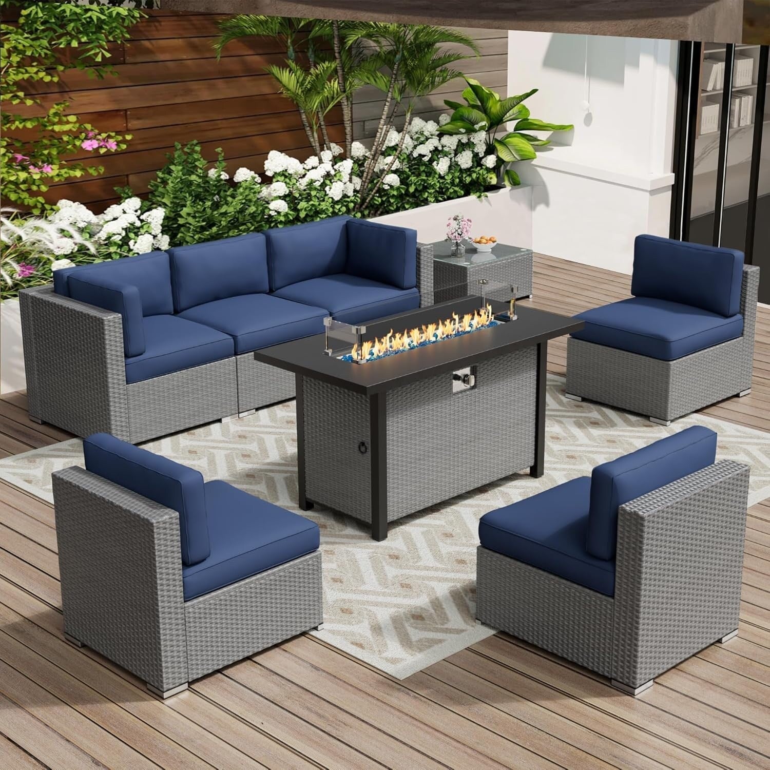 Ensemble de canapé sectionnel rembourré en rotin et osier gris pour patio extérieur, 7 pièces