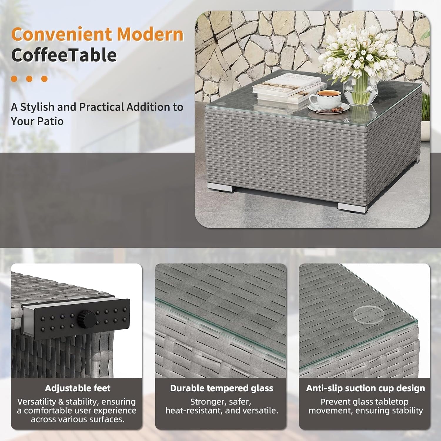 Ensemble de canapé sectionnel rembourré en rotin et osier gris pour patio extérieur, 7 pièces