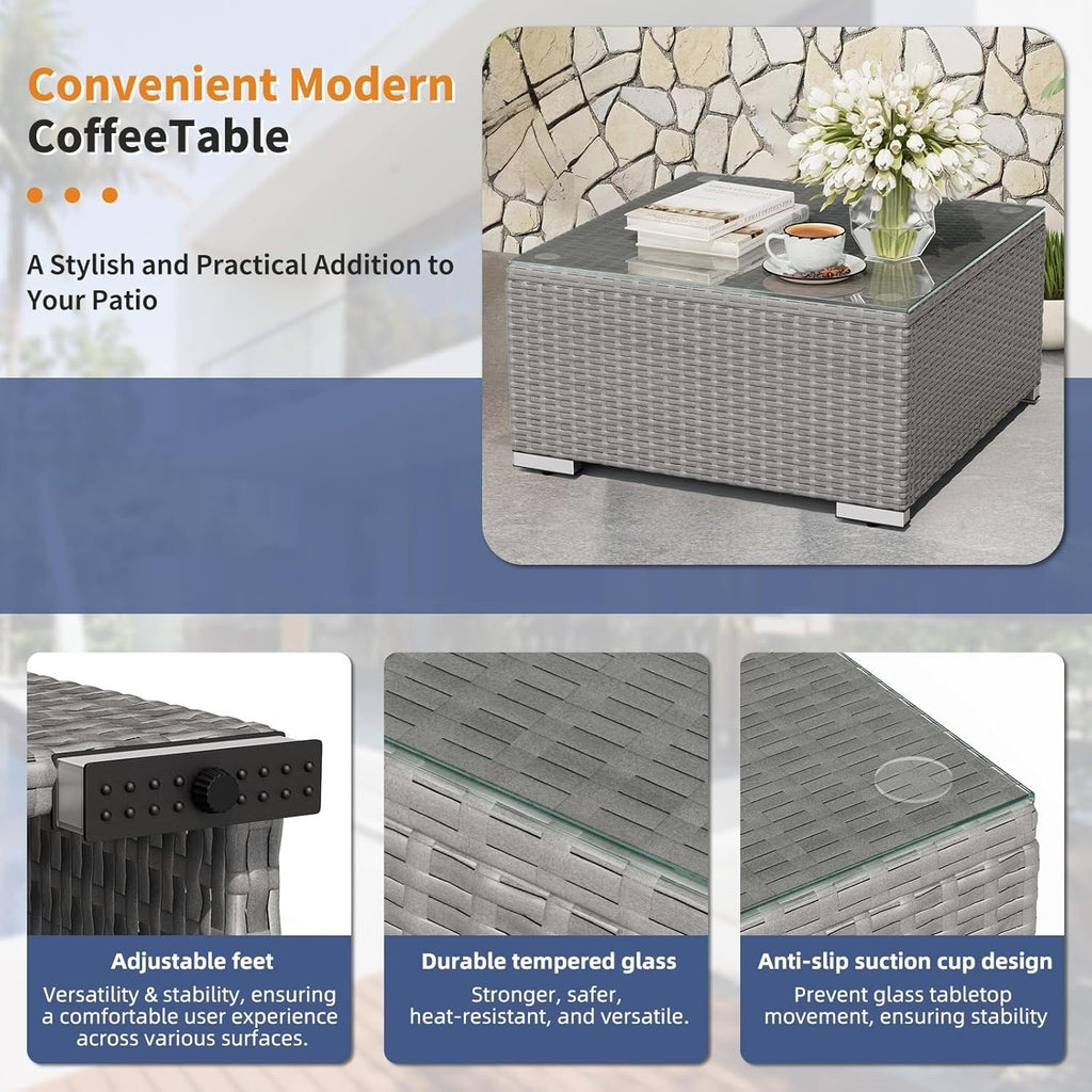 Ensemble de canapé sectionnel rembourré en rotin et osier gris pour patio extérieur, 7 pièces