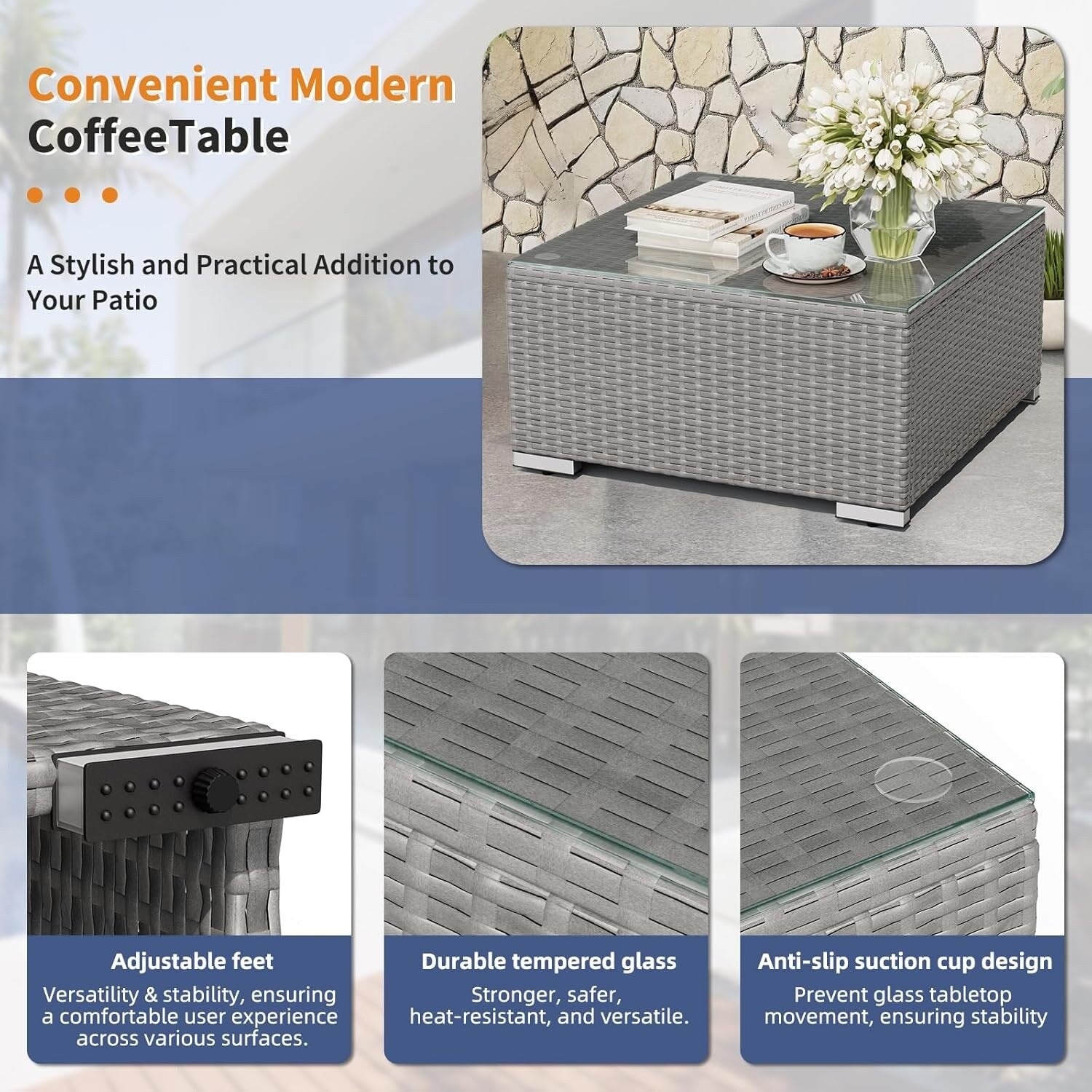 Ensemble de canapé sectionnel rembourré en rotin et osier gris pour patio extérieur, 7 pièces