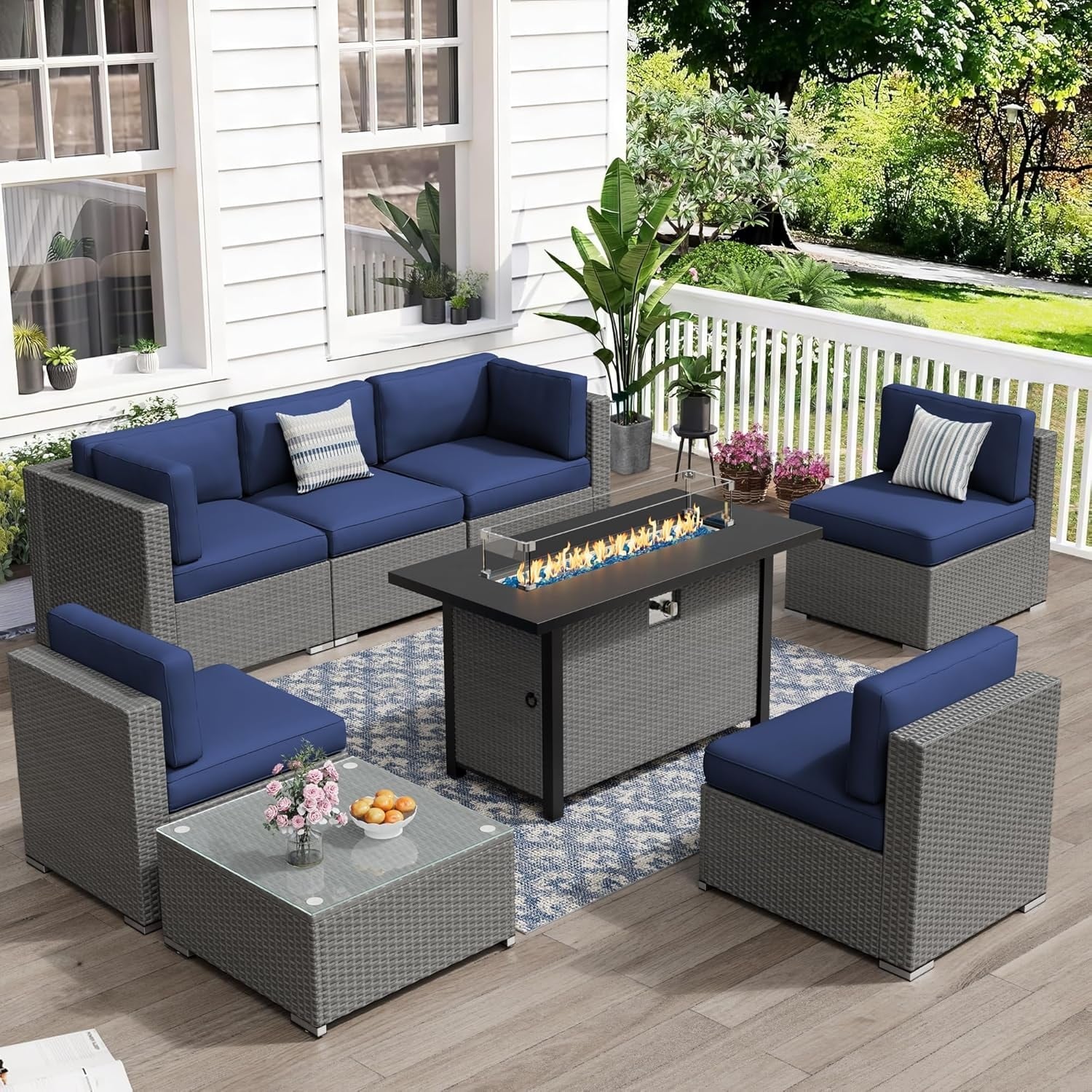 Ensemble de canapé sectionnel rembourré en rotin et osier gris pour patio extérieur, 7 pièces