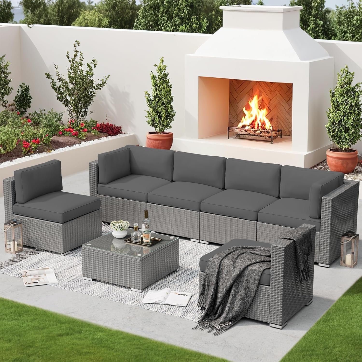Ensemble de canapé sectionnel rembourré en rotin et osier gris pour patio extérieur, 7 pièces