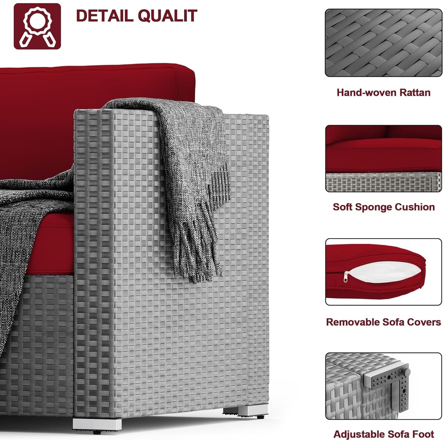 Ensemble de canapé sectionnel rembourré en rotin et osier gris pour patio extérieur, 7 pièces