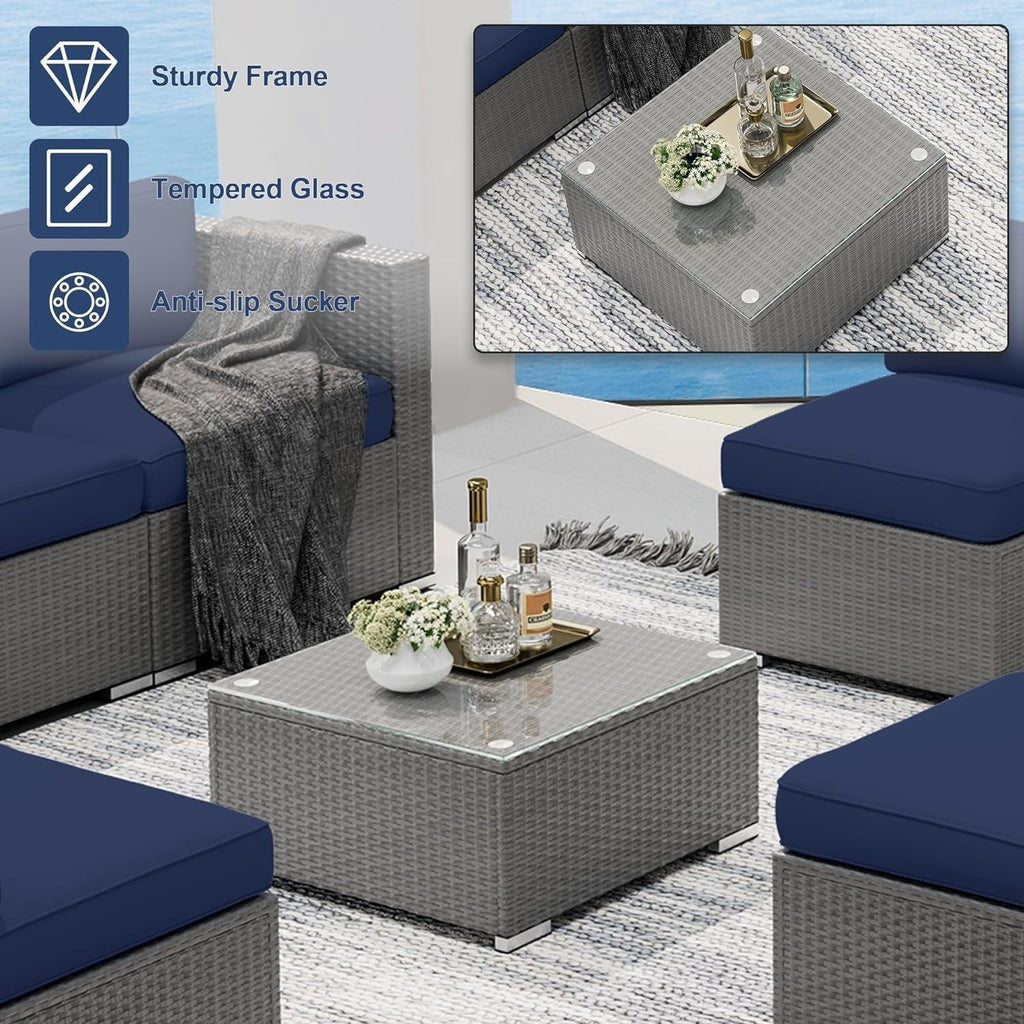 Ensemble de canapé sectionnel rembourré en rotin et osier gris pour patio extérieur, 7 pièces