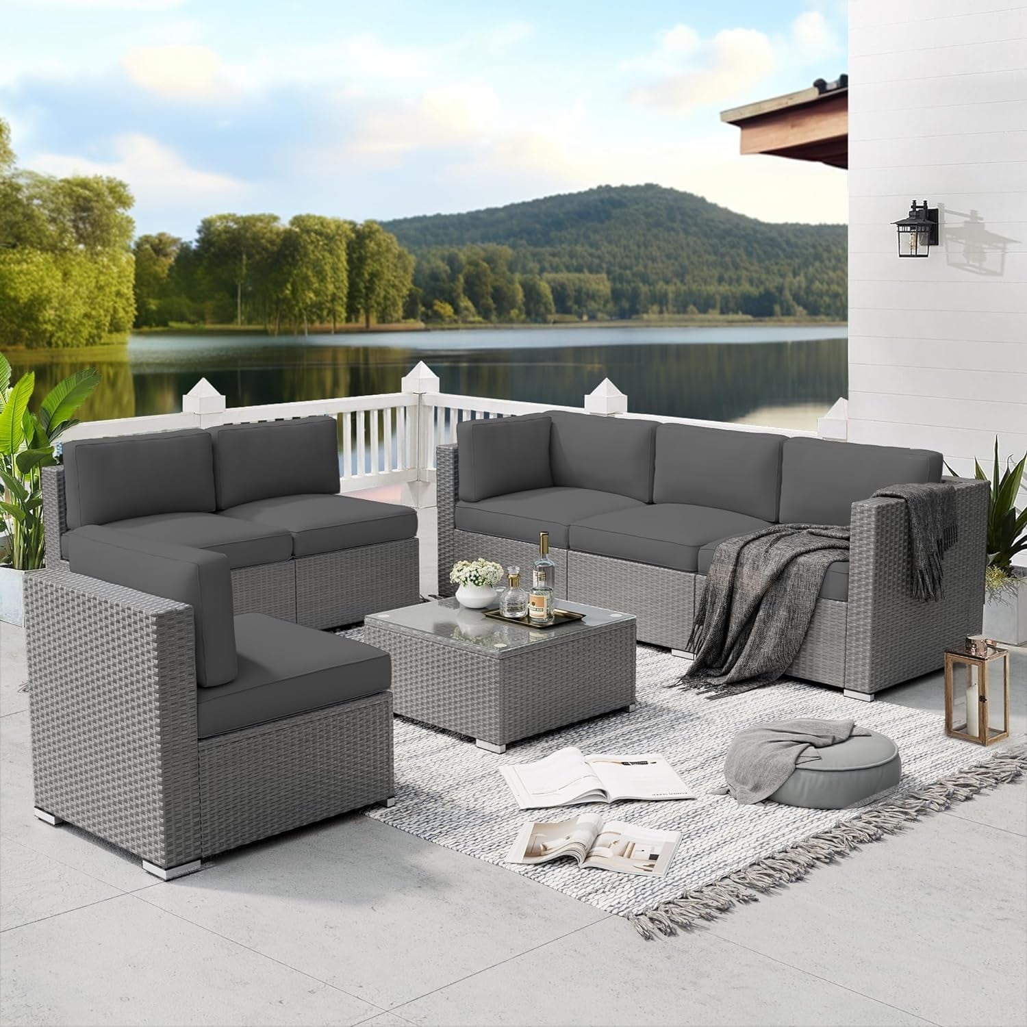 Ensemble de canapé sectionnel rembourré en rotin et osier gris pour patio extérieur, 7 pièces