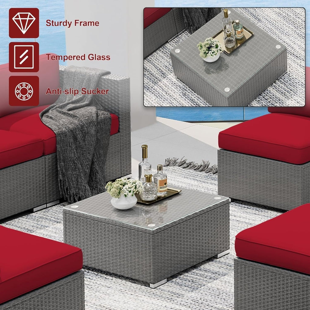 Ensemble de canapé sectionnel rembourré en rotin et osier gris pour patio extérieur, 7 pièces