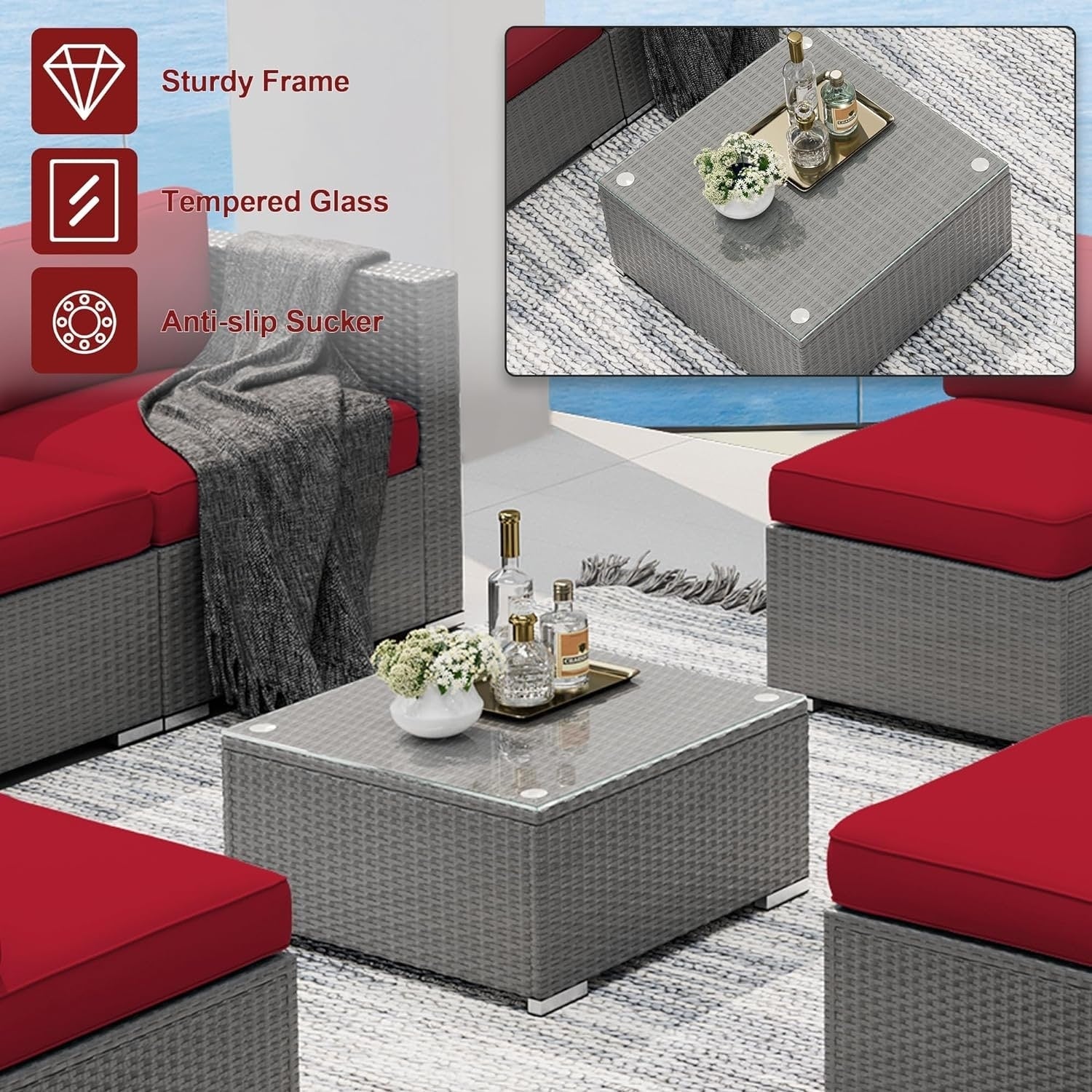 Ensemble de canapé sectionnel rembourré en rotin et osier gris pour patio extérieur, 7 pièces