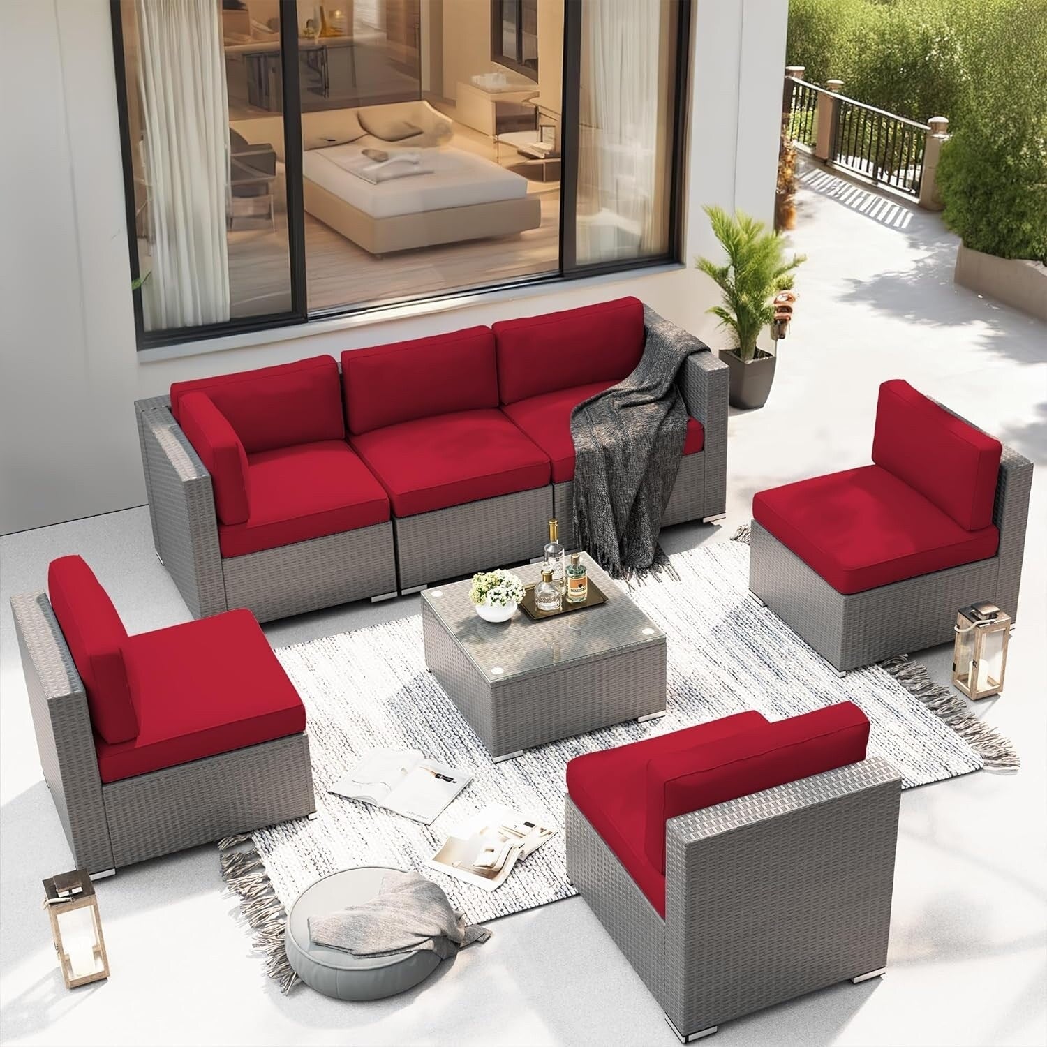 Ensemble de canapé sectionnel rembourré en rotin et osier gris pour patio extérieur, 7 pièces