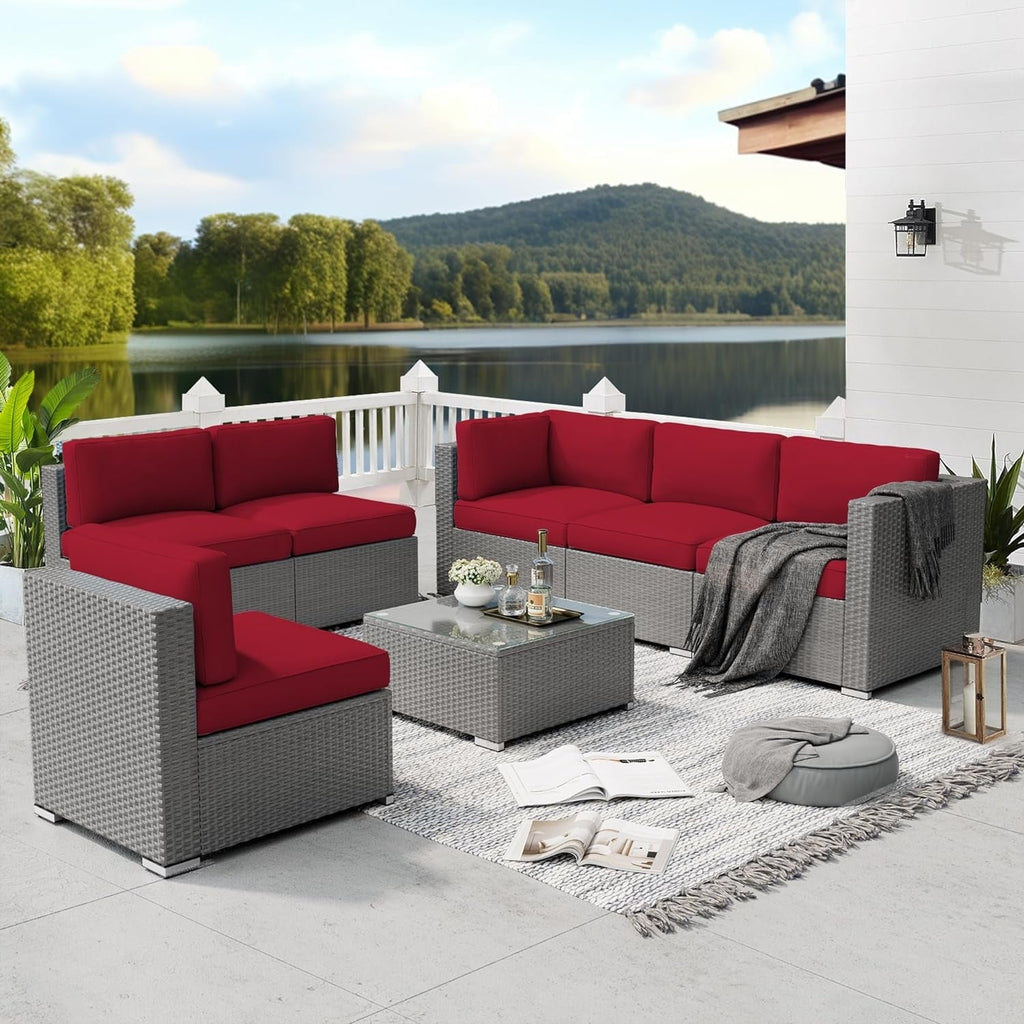 Ensemble de canapé sectionnel rembourré en rotin et osier gris pour patio extérieur, 7 pièces