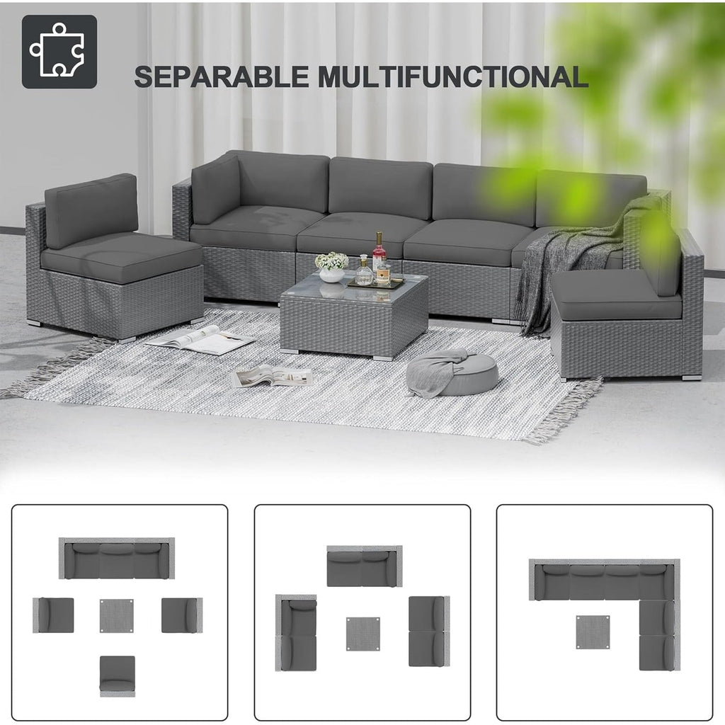 Ensemble de canapé sectionnel rembourré en rotin et osier gris pour patio extérieur, 7 pièces