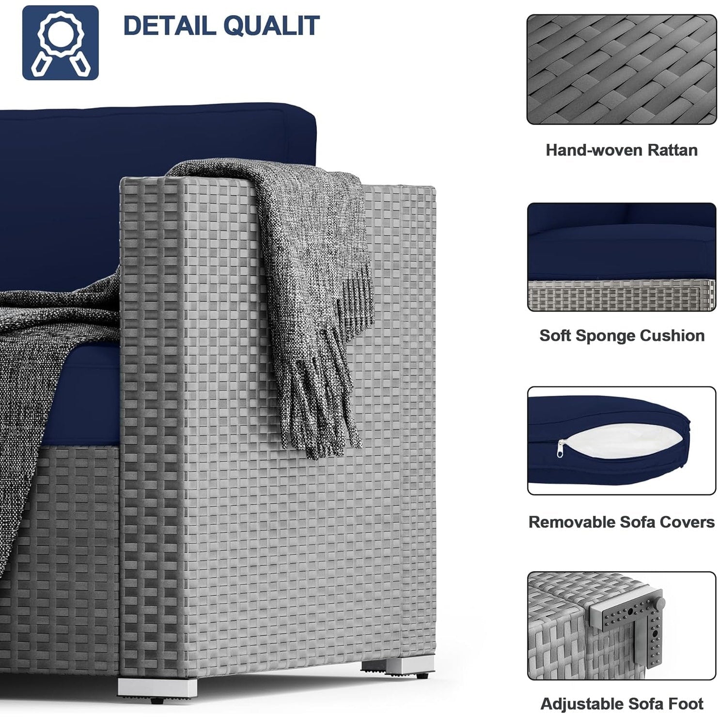 Ensemble de canapé sectionnel rembourré en rotin et osier gris pour patio extérieur, 7 pièces