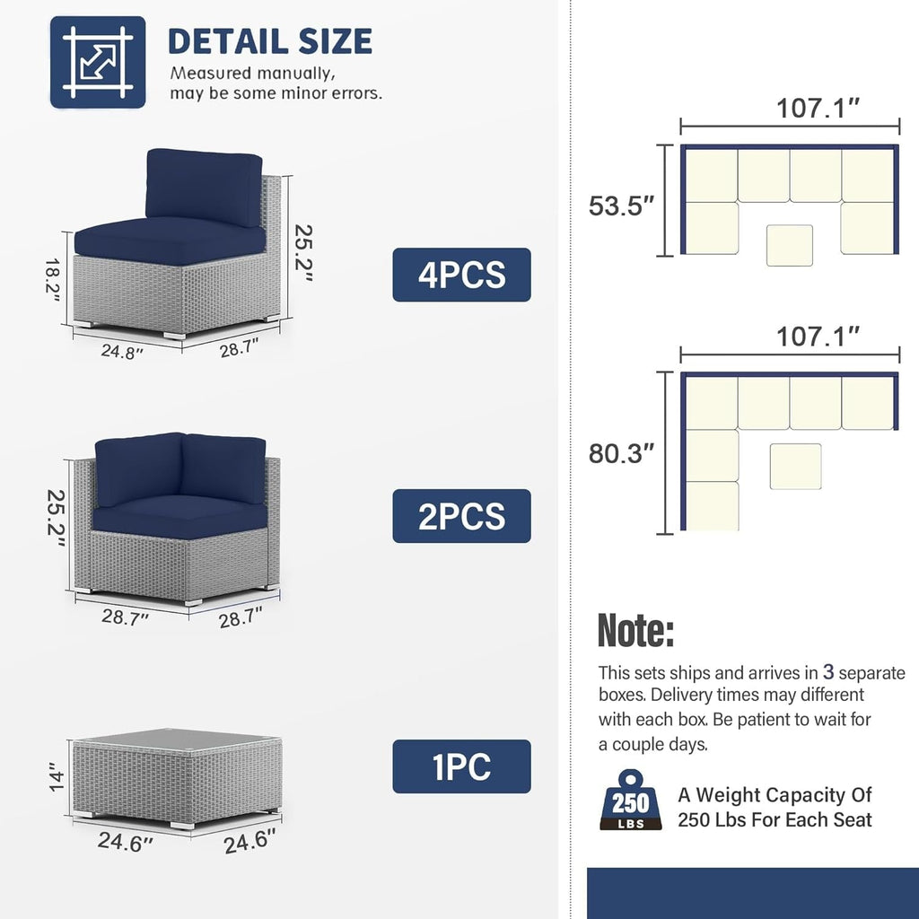 Ensemble de canapé sectionnel rembourré en rotin et osier gris pour patio extérieur, 7 pièces
