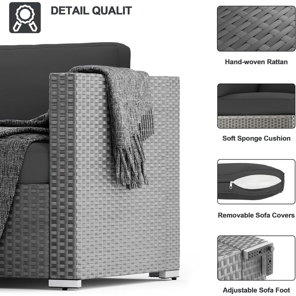Ensemble de canapé sectionnel rembourré en rotin et osier gris pour patio extérieur, 7 pièces