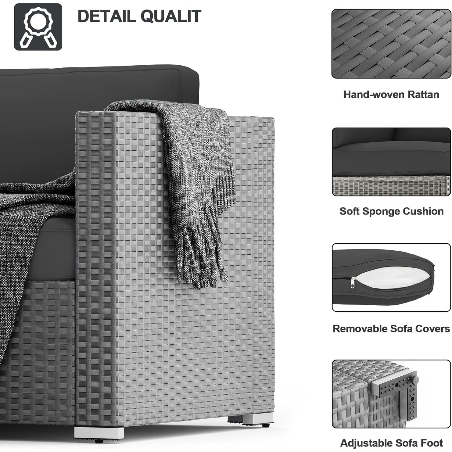 Ensemble de canapé sectionnel rembourré en rotin et osier gris pour patio extérieur, 7 pièces
