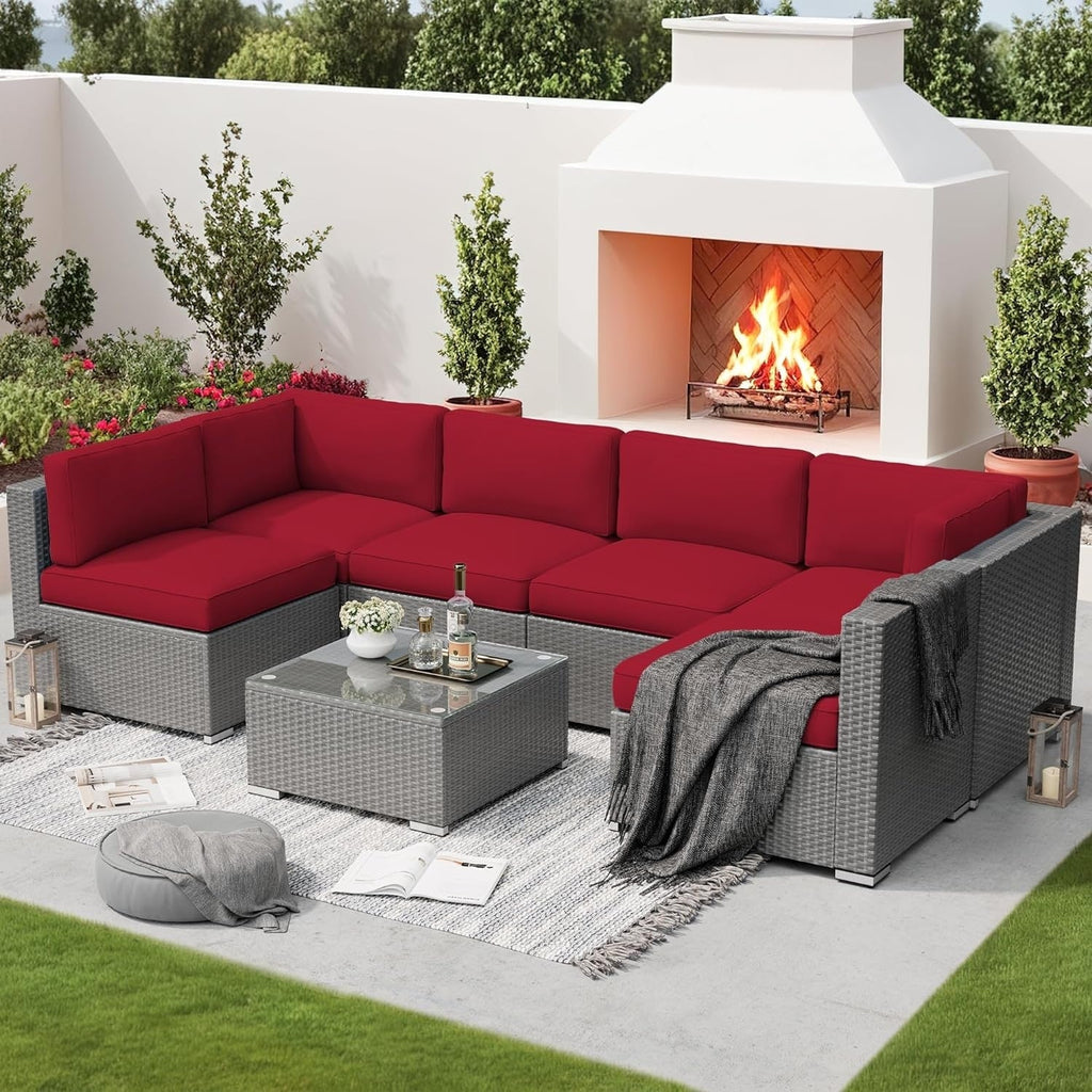 Ensemble de canapé sectionnel rembourré en rotin et osier gris pour patio extérieur, 7 pièces
