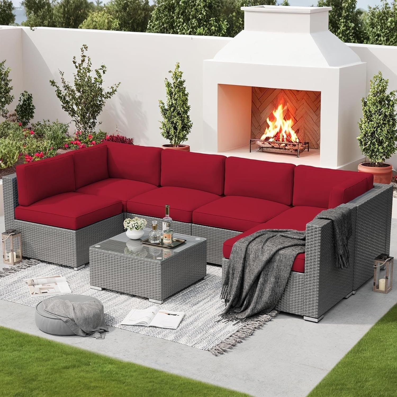 Ensemble de canapé sectionnel rembourré en rotin et osier gris pour patio extérieur, 7 pièces