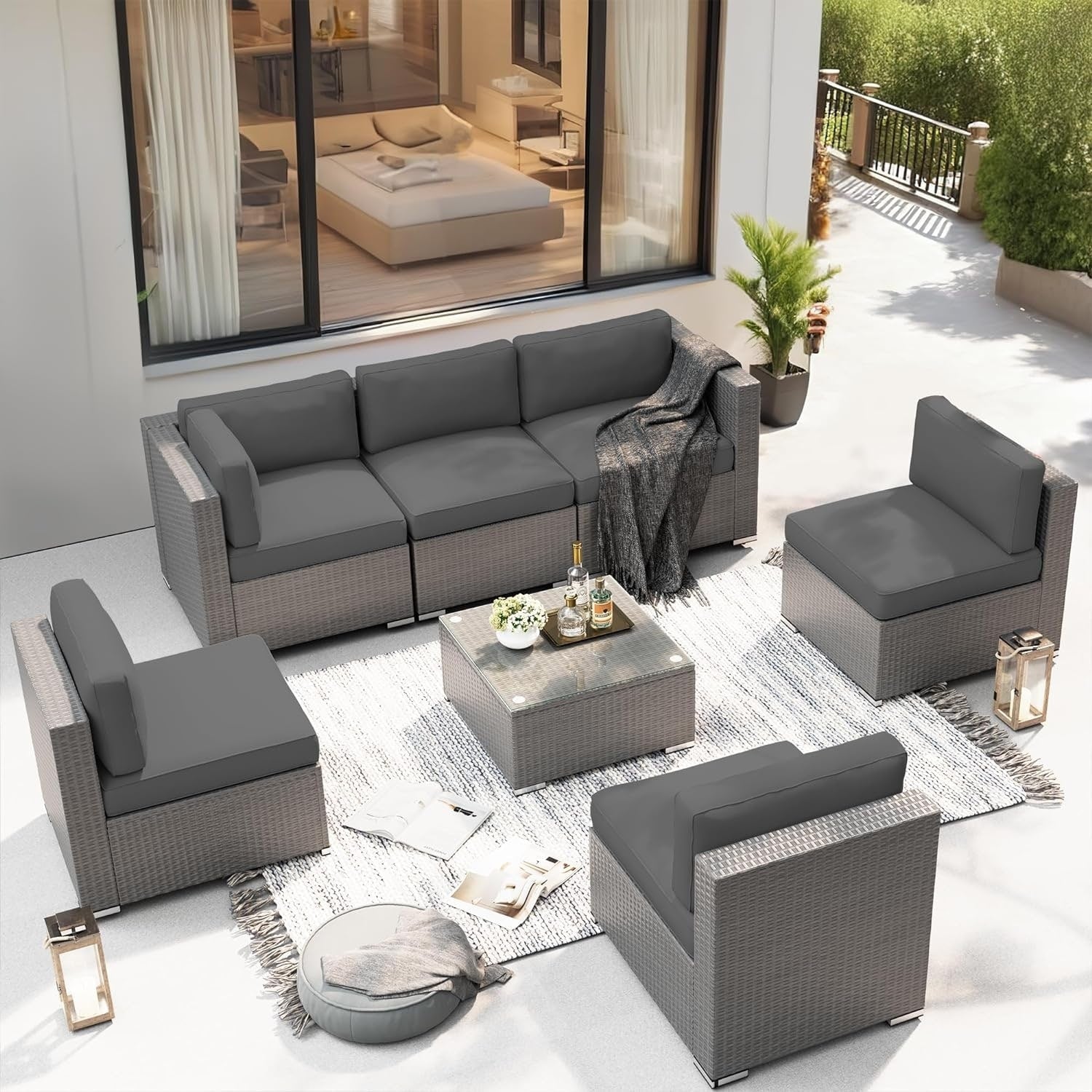 Ensemble de canapé sectionnel rembourré en rotin et osier gris pour patio extérieur, 7 pièces