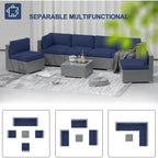 Ensemble de canapé sectionnel rembourré en rotin et osier gris pour patio extérieur, 7 pièces