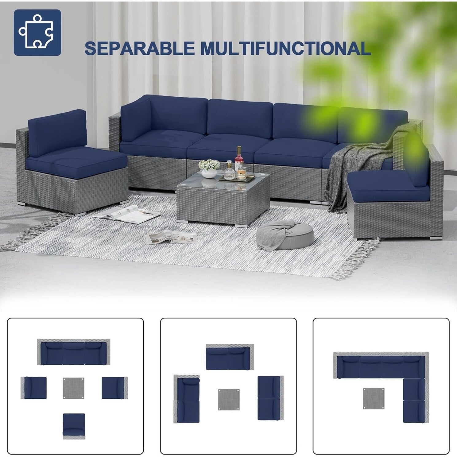 Ensemble de canapé sectionnel rembourré en rotin et osier gris pour patio extérieur, 7 pièces