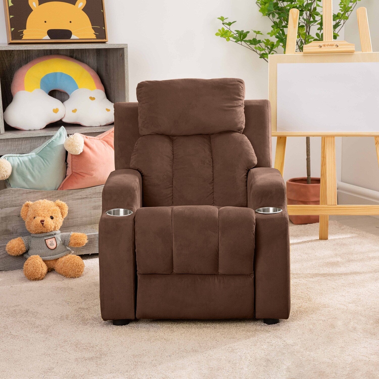 Fauteuil inclinable de luxe pour enfants avec repose-pieds, appui-tête et 2 porte-gobelets Fauteuil inclinable en microfibre pour enfants de 3 ans et plus