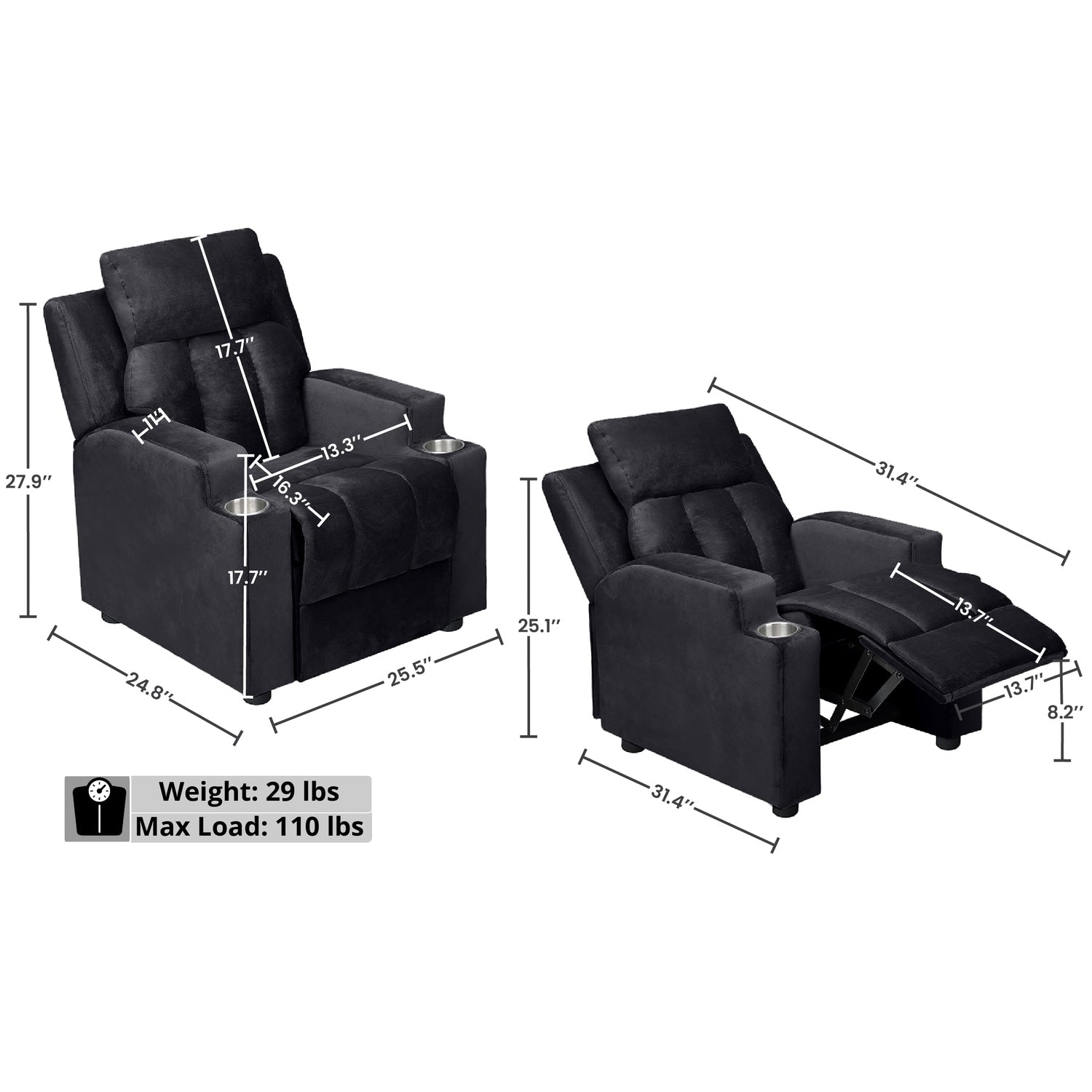 Fauteuil inclinable de luxe pour enfants avec repose-pieds, appui-tête et 2 porte-gobelets Fauteuil inclinable en microfibre pour enfants de 3 ans et plus