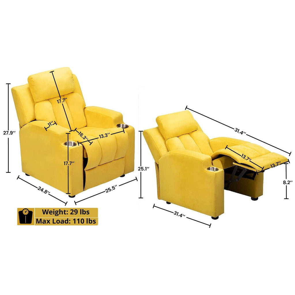 Fauteuil inclinable de luxe pour enfants avec repose-pieds, appui-tête et 2 porte-gobelets Fauteuil inclinable en microfibre pour enfants de 3 ans et plus