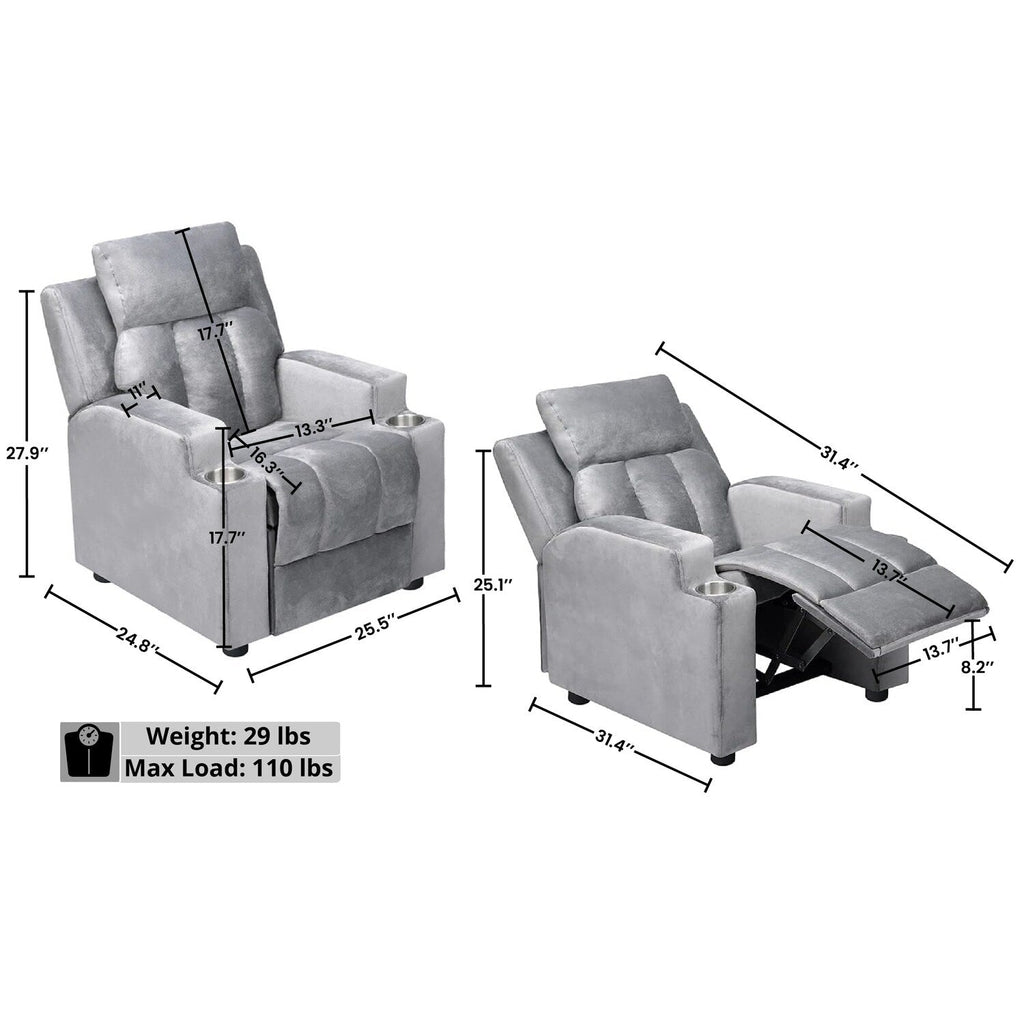Fauteuil inclinable de luxe pour enfants avec repose-pieds, appui-tête et 2 porte-gobelets Fauteuil inclinable en microfibre pour enfants de 3 ans et plus